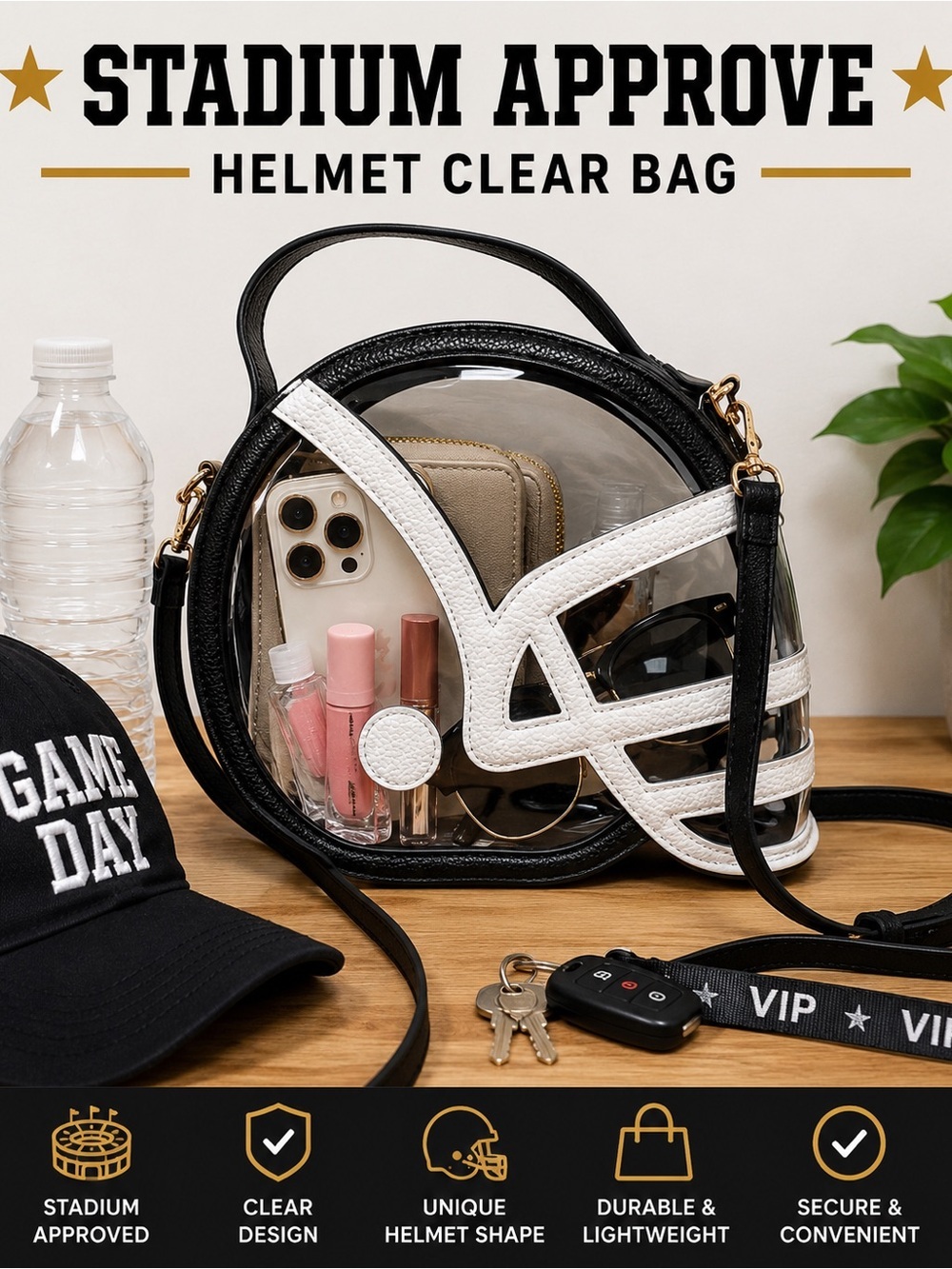 Clear Helmet Crossbody Bag with Black & White Trim
